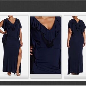 NWT Abs by Allen Schwartz Matte Jersey Draped Ruffle Gown Navy Size 1X